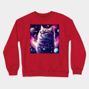 A majestic cat in outer space, surrounded by celestial bodies like stars, planets, and galaxies. Crewneck Sweatshirt
